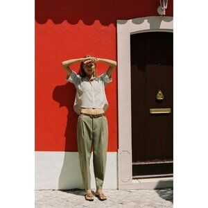 ZARA LINEN BELTED STRAIGHT-LEG TROUSERS